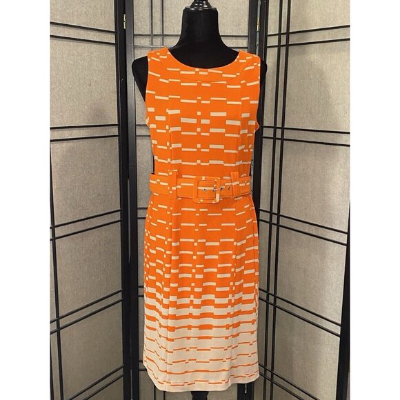 ILE NEW YORK Size 8 Dress VTG Orange Tan Form Fitting Belted Midi Poly Spandex - Picture 1 of 11